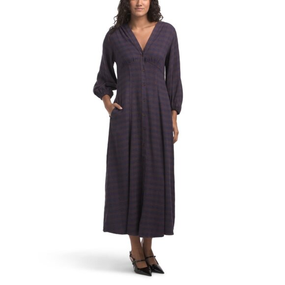 MAX STUDIO Blue Three-quarter Sleeve Plaid Maxi Dress - Picture 1 of 2